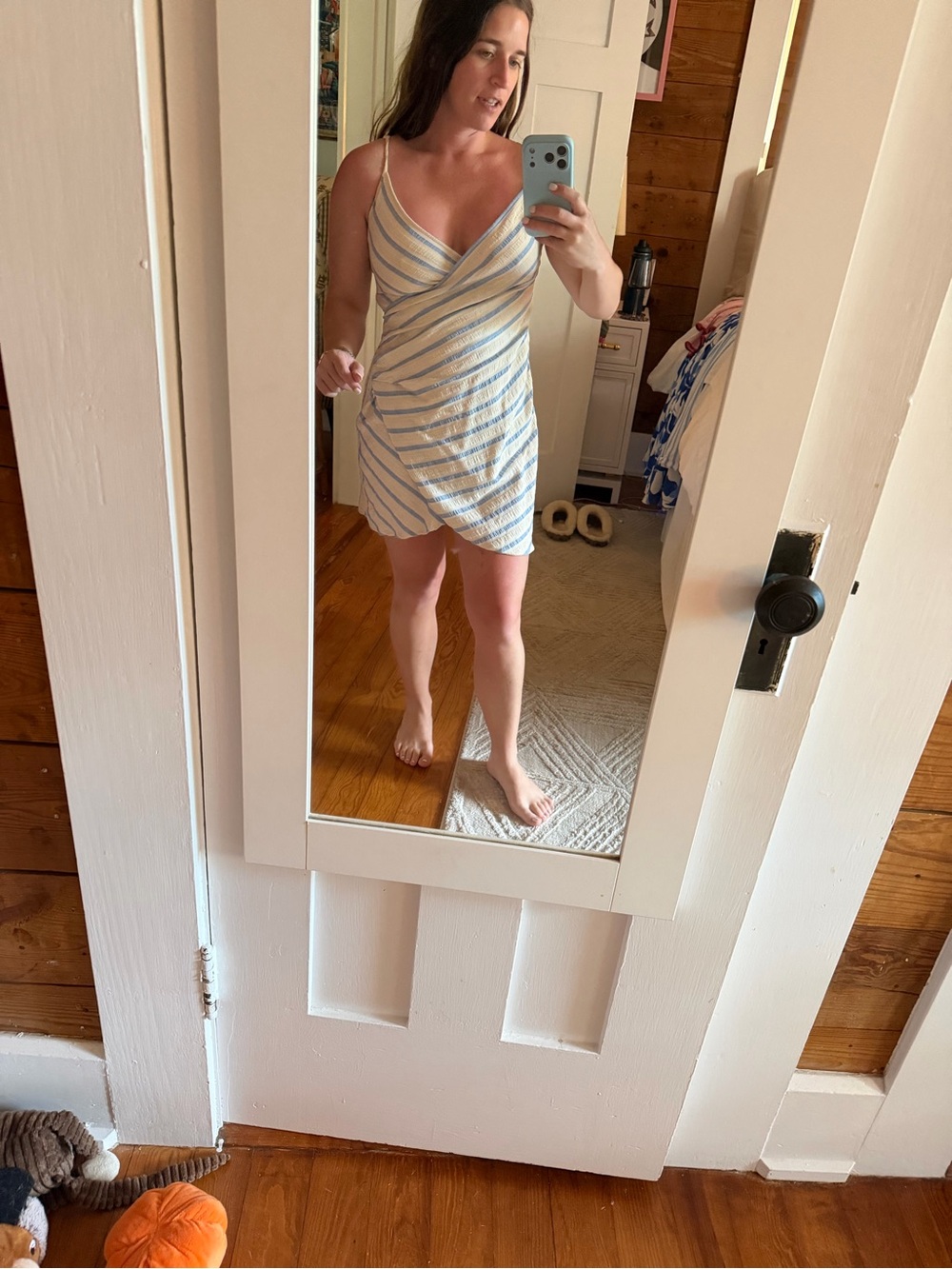 Zara White and Light Blue Striped Mini Dress